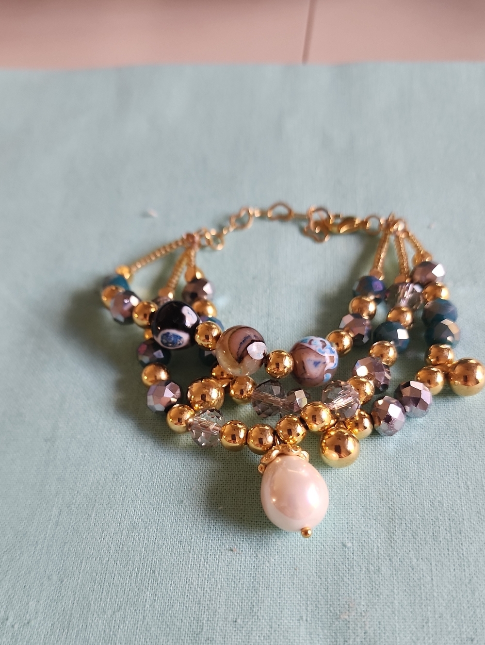 Gold and Blue Multi-Strand Beaded Bracelet with Pearl Drop